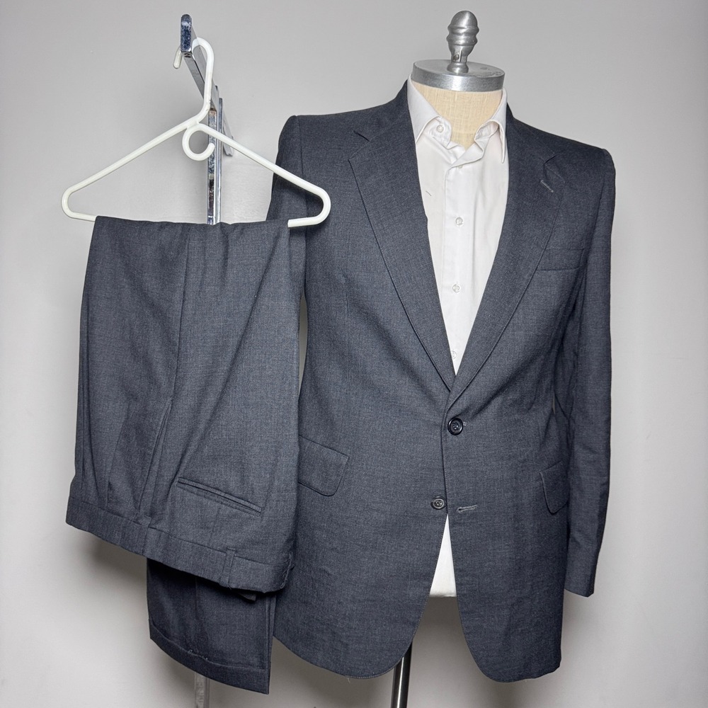 Kuppenheimer Suit Mens 42L W34 Grey Solid Wool Vintage 2 Button Single Vent